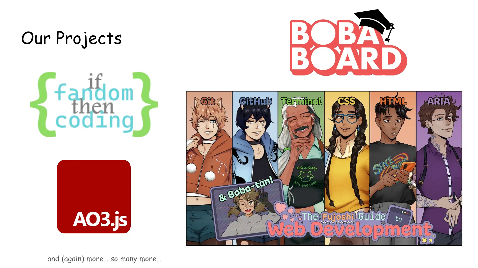 Slide 68. Our Projects. The logos for Fandom Coders (if fandom then coding), AO3.js (white text on a dark red rounded square), the BobaBoard logo with a graduation cap (to indicate that it is a graduated project with its own structure), and the cast lineup for The Fujoshi Guide to Web Development aka FujoGuide. and (again) more... so many more...